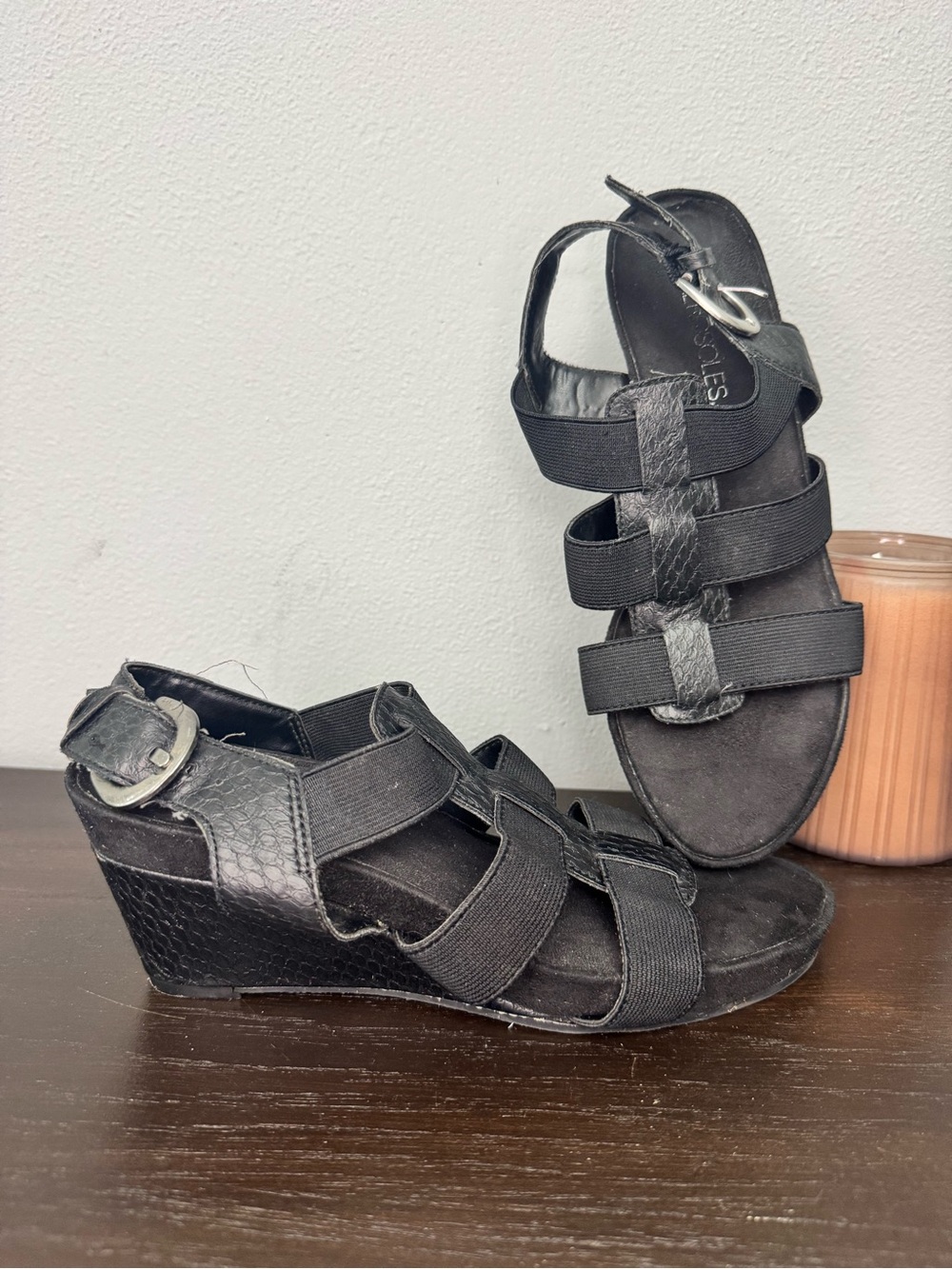 Aerosoles Shoes Womens Black Elastic Strappy Wedge Heel Sandals Shoes Womens 7M